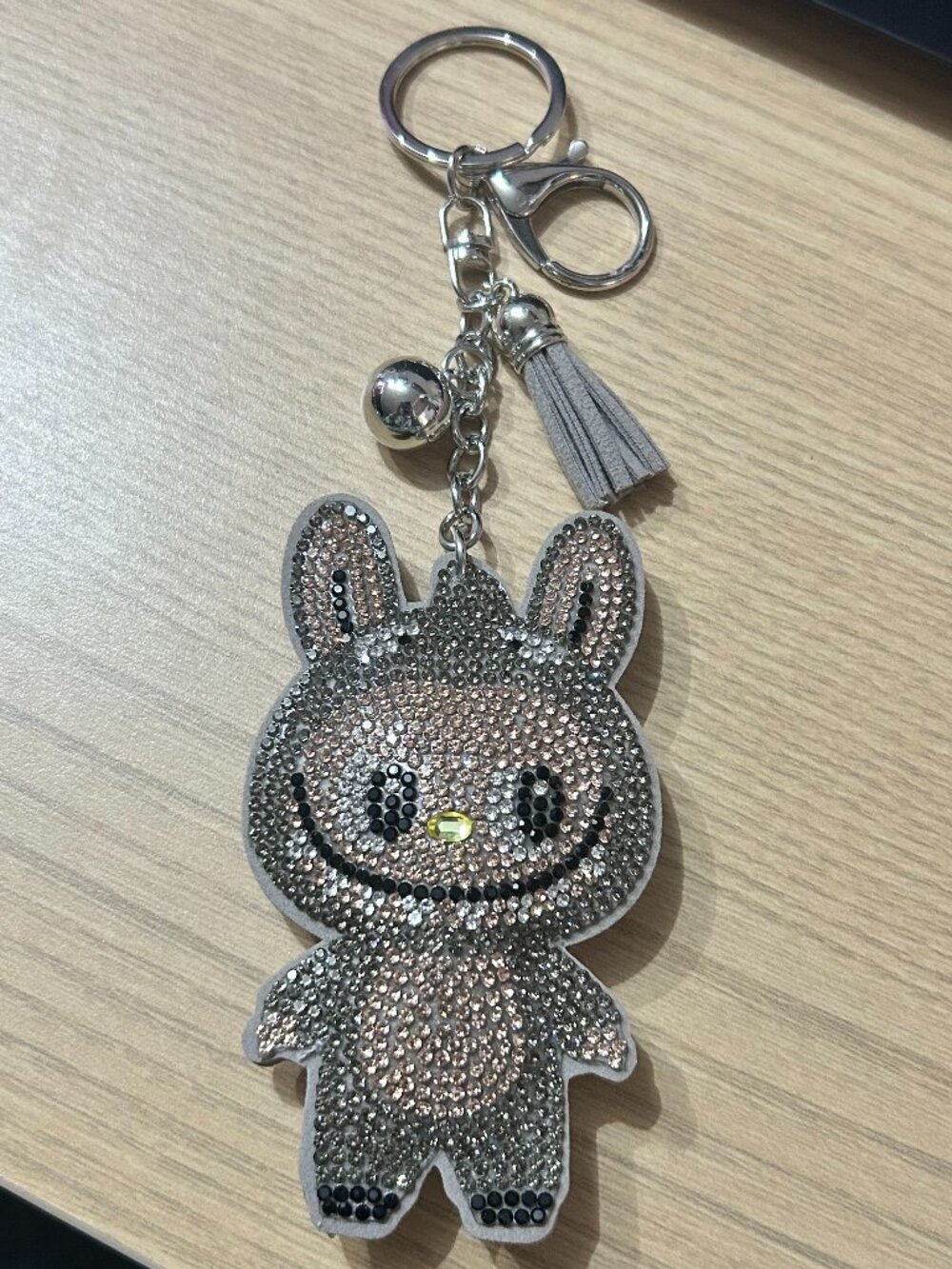 Labubu Sparkling Rhinestone Keychain Bag Charm Grey Suede Tassel Bell